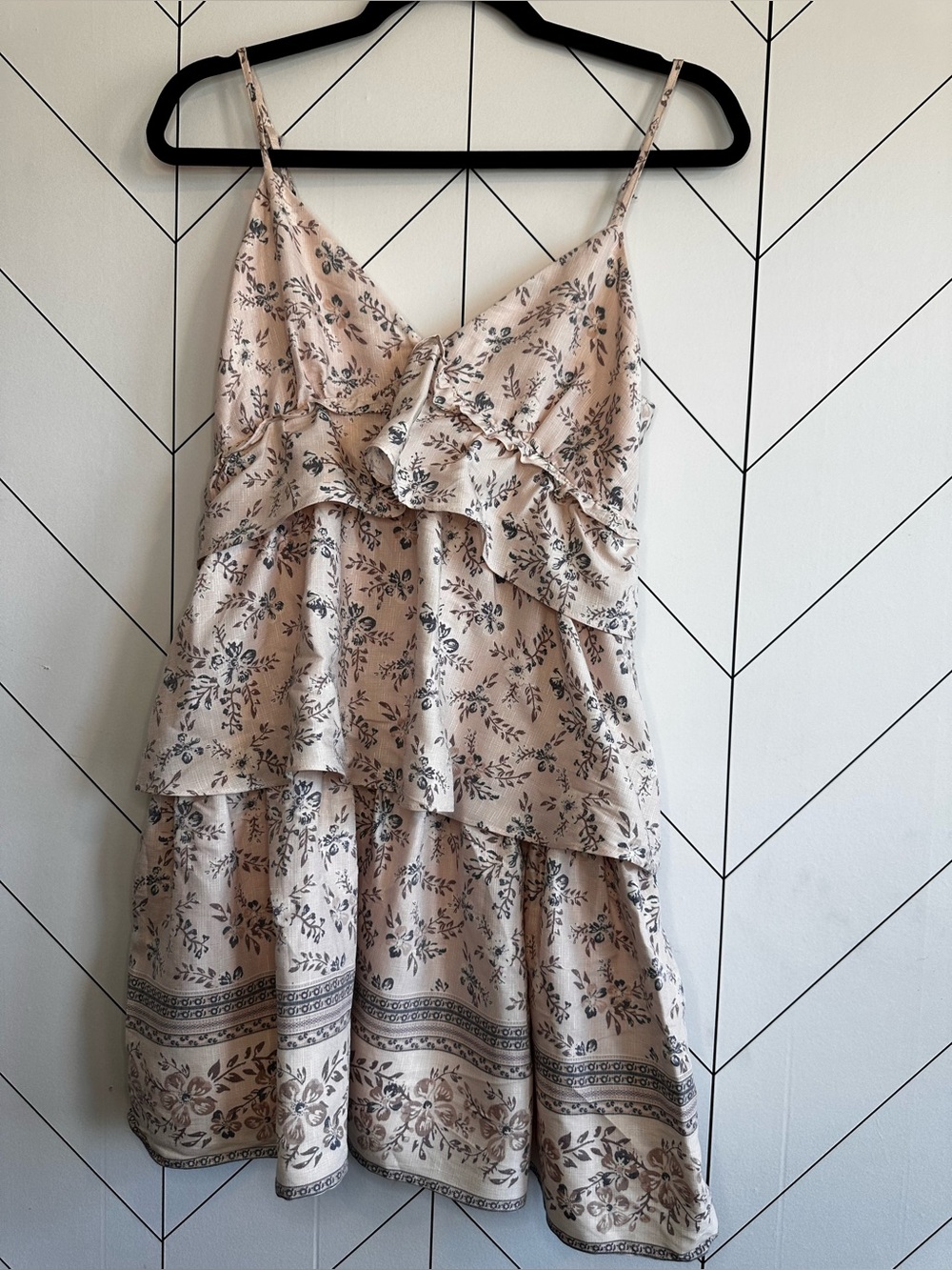 Linen Floral Tiered Spaghetti‑Strap Dress in Blush Pink
